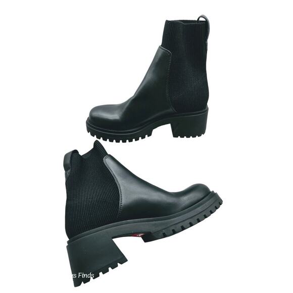 HOLLY Black Women STEVE MADDEN Women’s Holley Chelsea Black‎ Leather Lug Boot , Size 8.5